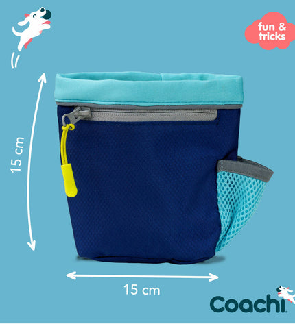Coachi dog treat and training dispenser in blue, designed for dogs, with a sleek plastic container and adjustable strap.