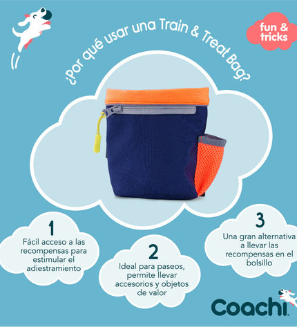 Blue coral Coachi dog training and treat harness, showing the adjustable straps and durable materials for comfortable fit.