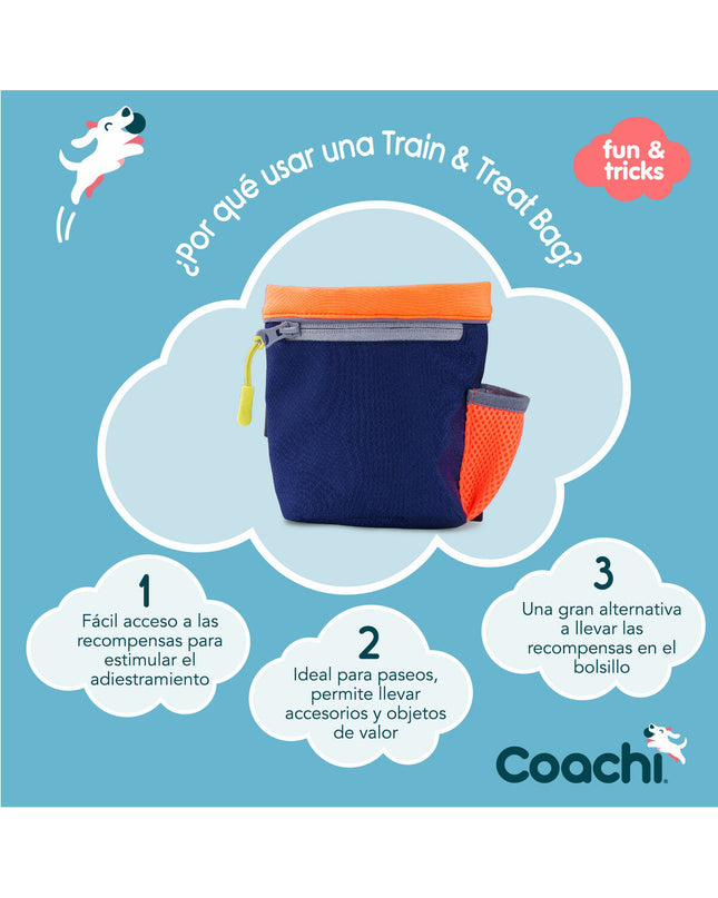 Blue coral Coachi dog training and treat harness, showing the adjustable straps and durable materials for comfortable fit.