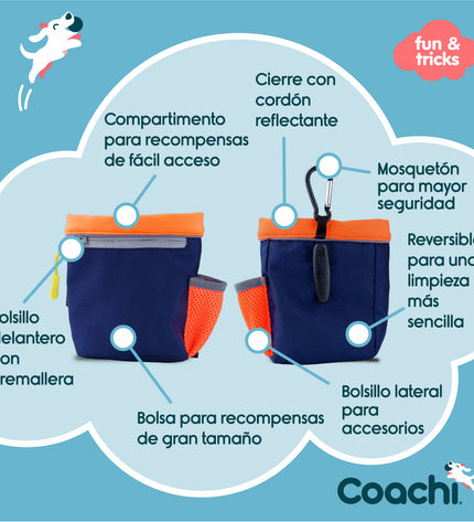 Blue coral Coachi dog training and treat holder with adjustable strap and durable design for pet training accessories.