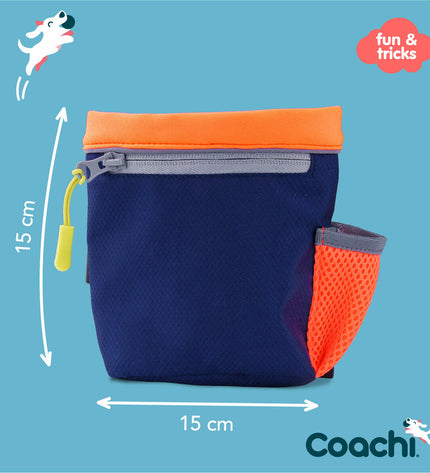 Dog training and treat holder by Coachi in blue and coral, designed for convenient storage of dog treats and accessories.