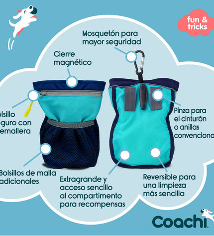 Blue Coachi dog training and treat pouch with adjustable strap and multiple compartments for dog products.