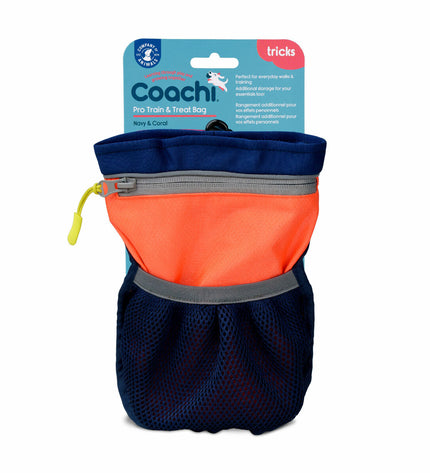 Coachie Train & Treat coral dog training holder with adjustable strap and multiple compartments, designed for convenient dog training.
