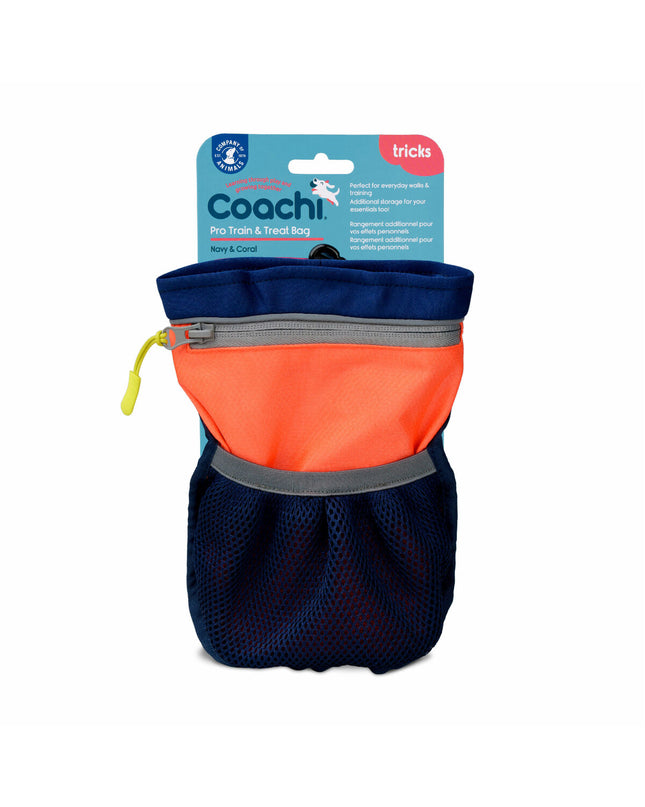 Coachie Train & Treat coral dog training holder with adjustable strap and multiple compartments, designed for convenient dog training.