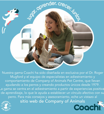 Coachi Alleshouder Train & Treat Koraal for dogs, featuring a coral-colored harness with adjustable straps and metal hardware.