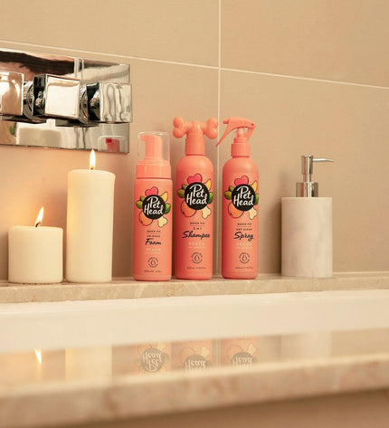 Pet Head Quick Fix peach cleaning foam for dogs, 200 ml, dog grooming product with a peach scent in a bottle with a pump.