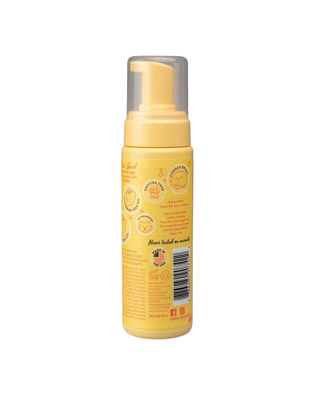 Pet Head Felin' Good Kat Shampoo with foam for cats, showing the shampoo bottle and foam lather on a cat's fur.
