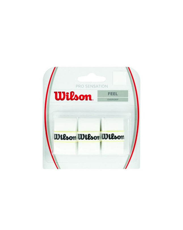 Wilson WRZ4014WH tennis overgrip for paddle tennis, white sport accessory, shown wrapped around a tennis racket handle.