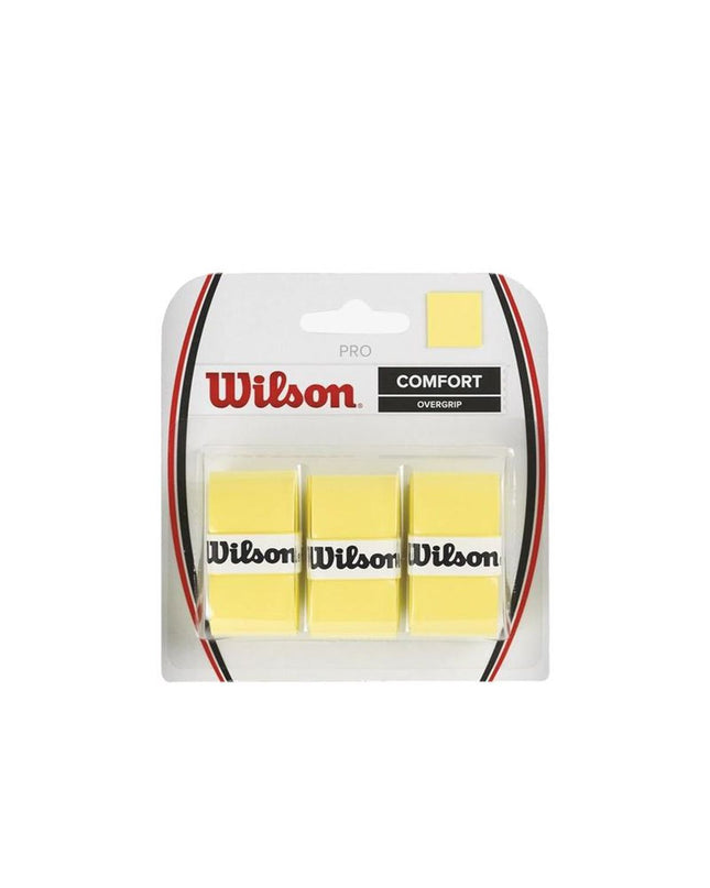 Wilson Tennis Overgrip WRZ4014YE in yellow, designed for paddle tennis, shown wrapped around a tennis racket handle.