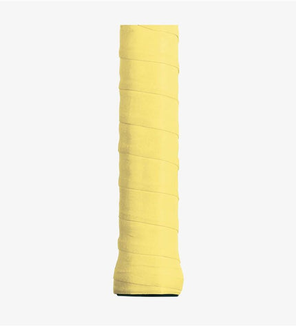Yellow Wilson tennis overgrip for paddle tennis, showing a close-up of the textured grip surface with branding details.