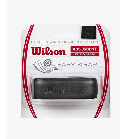 Wilson WRZ4210BK black tennis grip for paddle tennis, showing close-up of textured surface and branding on the grip.