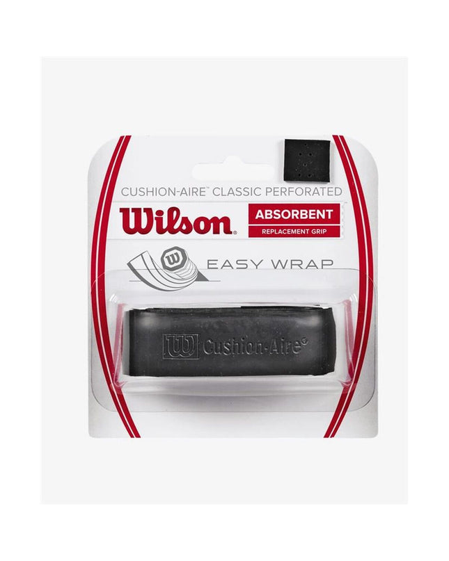 Wilson WRZ4210BK black tennis grip for paddle tennis, showing close-up of textured surface and branding on the grip.