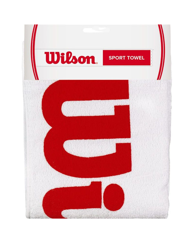 Wilson sport handdoek in wit, suitable for watersport and outdoor activities, showing soft, absorbent fabric with Wilson branding.