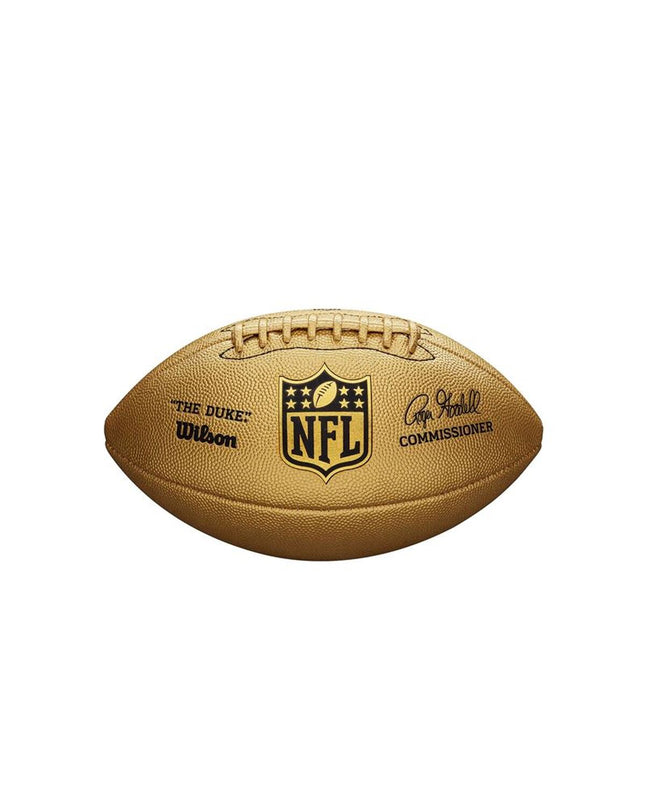 Wilson Rugby Bal The Duke Metallic Edition YL Gouden, metallic yellow youth rugby ball with Wilson branding and textured surface.