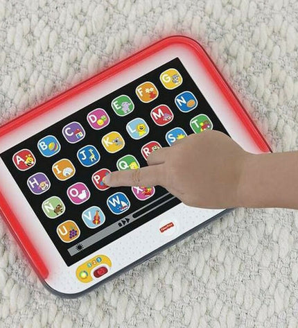 Mattel interactive baby tablet toy with colorful buttons and screen designed for early childhood play and learning.