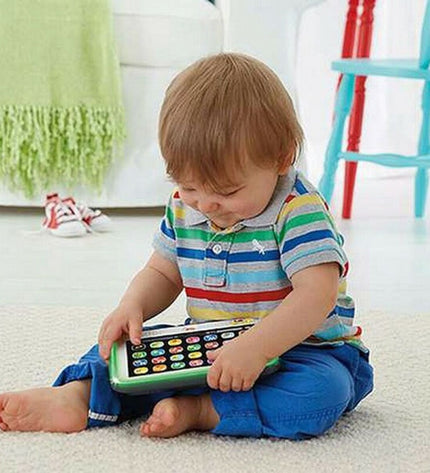 Mattel interactive baby tablet toy with colorful buttons and screen, designed for young children and early learning.