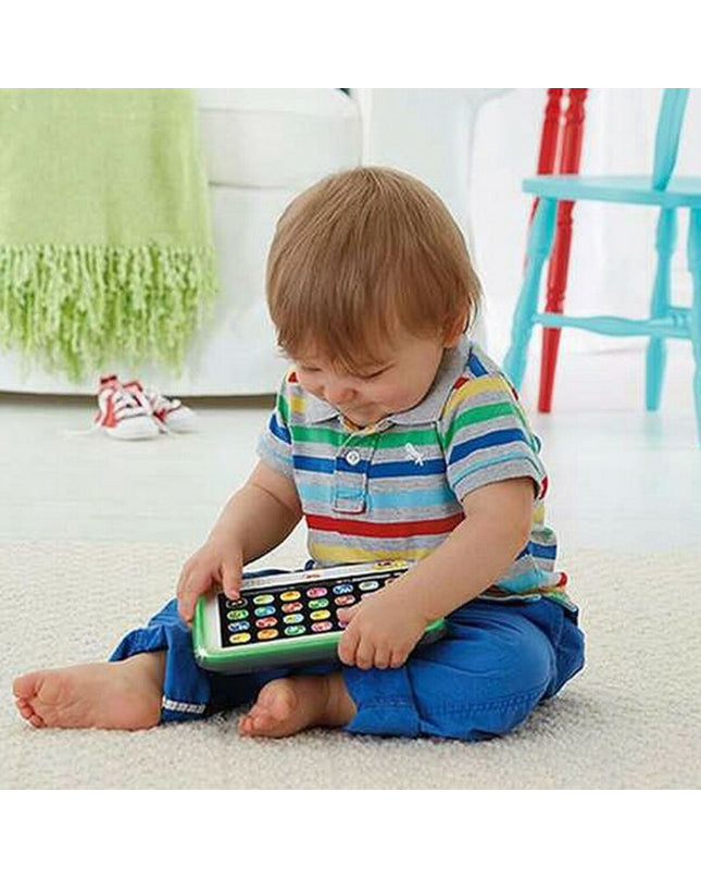 Mattel interactive baby tablet toy with colorful buttons and screen, designed for young children and early learning.