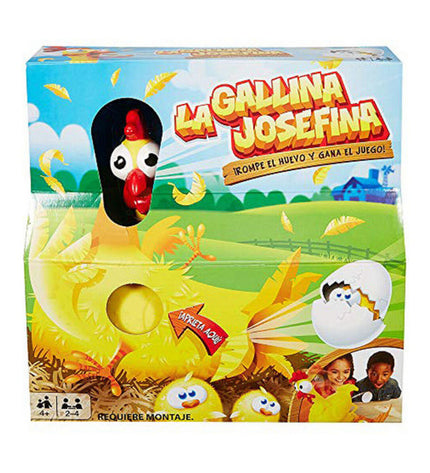 Mattel La Gallina Josefina board game with colorful game pieces and vibrant packaging, designed for family fun and entertainment.