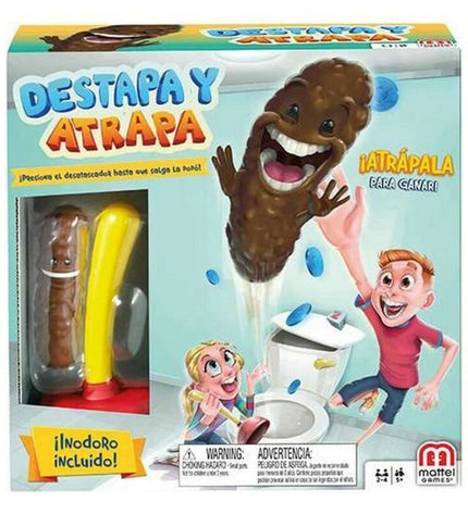 Mattel Flushin Frenzy board game for kids, colorful game components and instructions shown in the image.