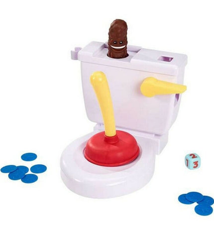 Mattel Flushin Frenzy game, colorful plastic game pieces and game board for kids’ toy and game entertainment.