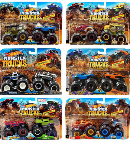 Two Hot Wheels Monster Truck Demolition Doubles toy vehicles, colorful die-cast trucks for kids' play and collection.