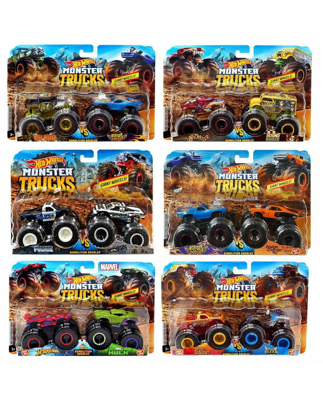 Two Hot Wheels Monster Truck Demolition Doubles toy vehicles, colorful die-cast trucks for kids' play and collection.