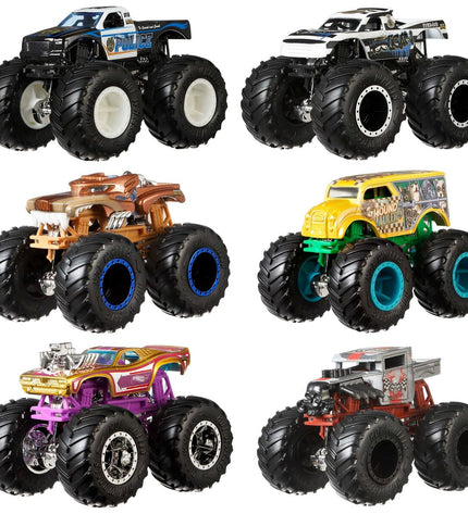 Two Hot Wheels Monster Truck Demolition Doubles toy vehicles in vibrant colors, designed for kids' play and collection.