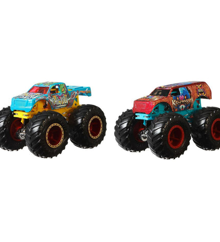 Hot Wheels Monster Truck Demolition Doubles toy set featuring two colorful, detailed monster trucks for children’s play.