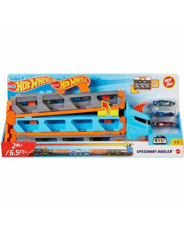 Mattel autotransporter and wrijvingswagen toy set, colorful vehicle toy for children, part of Mattel's toy vehicle collection.