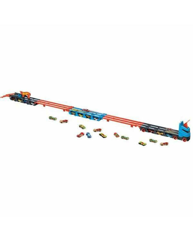 Mattel autotransporter and wrijvingswagen toy set with colorful vehicle figures, designed for imaginative play in vehicles category.