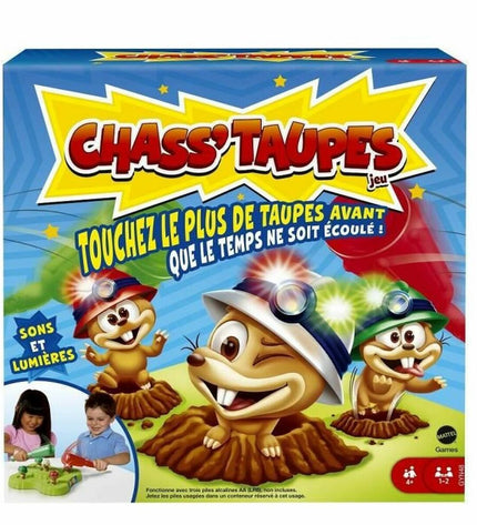 Mattel Chass'taupes game featuring colorful game pieces and game board, part of Mattel's toys and games collection.