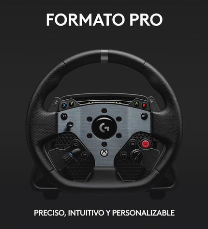 Logitech G PRO racing steering wheel for gaming consoles, black electronic plug-and-play controller with detailed buttons and grips.