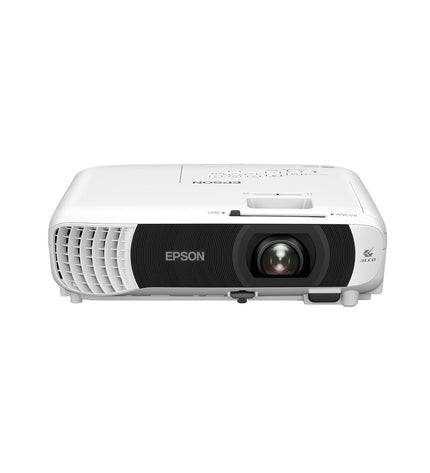 Epson V11HB58040 projector displaying a bright, clear image with a sleek white body and control buttons on top.