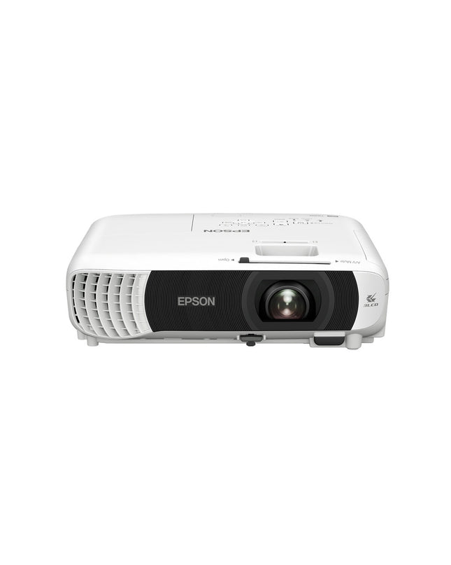 Epson V11HB58040 projector displaying a bright, clear image with a sleek white body and control buttons on top.