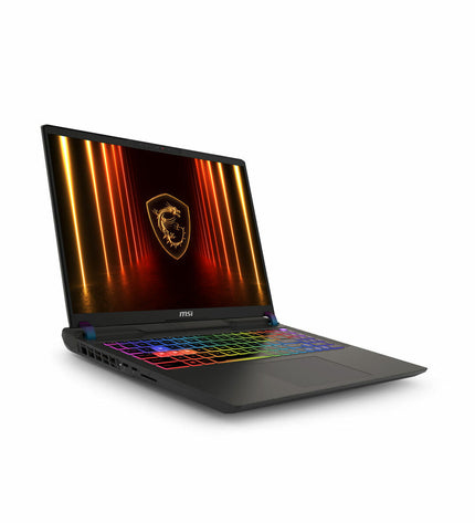MSI 16-inch gaming laptop with 32GB RAM, 1TB SSD, RTX 5080 graphics card, shown from an angled view with keyboard and screen