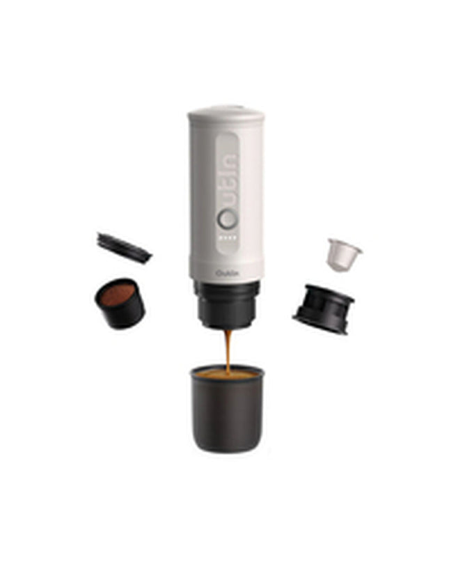 Outin draagbare koffiezetapparaat in wit met roestvrij staal, 50 ml en 80 ml capacity, perfect voor huis en koken.