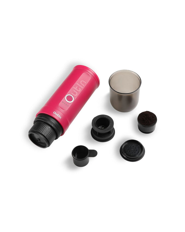 Portable Outin pink coffee maker in stainless steel, 50ml and 80ml capacity for home and kitchen use.