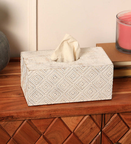 Ronald White Mango Wood Tissue Box Cover | Modern Decorative Facial Tissue Dispenser Holder for Home, Office, Bathroom