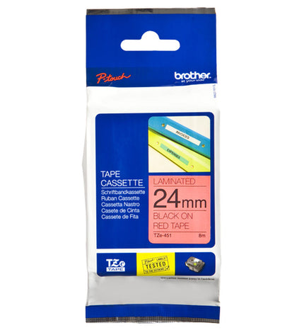 Brother TZE451 laminated tape roll for label makers, showing the tape with printed black text on clear background.