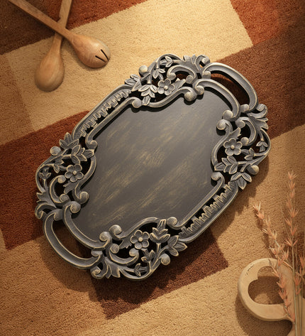 Handcrafted Black Adirondack Carved Wood Serving Tray | Rustic Decorative Wooden Tray with Handles | Farmhouse Decor