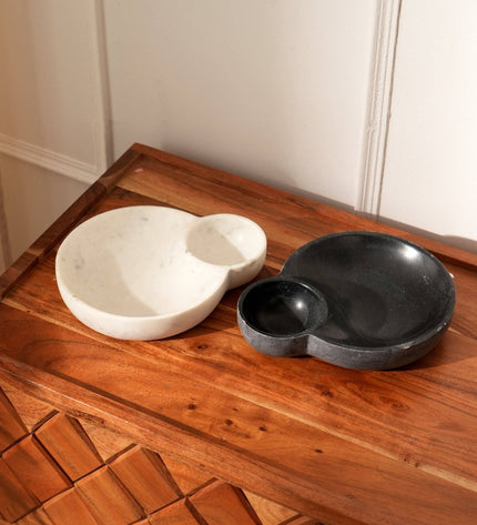 Elegante Black Natural Stone Two-Compartment Serving Dish | Modern Dip, Snack & Condiment Bowl