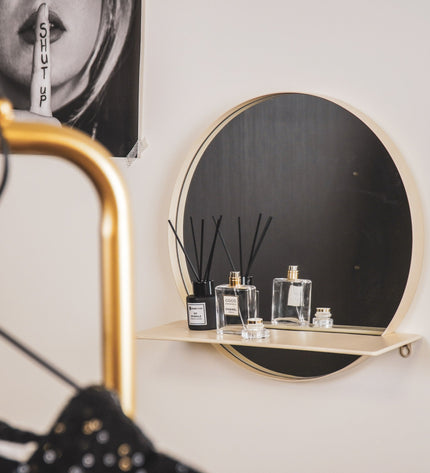 Round Metal Mirror with Shelf - Sand - Ø40 cm
