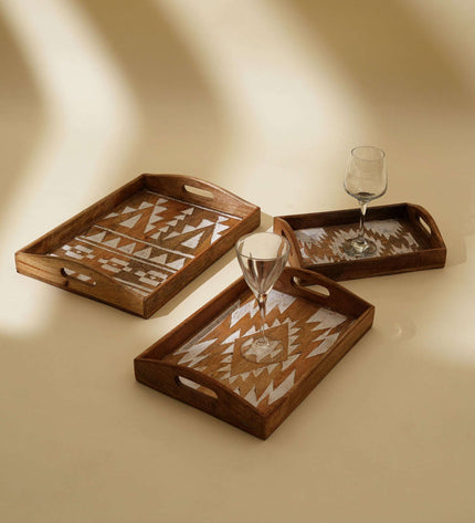 Matterhorn Carved Mango Wood Nesting Tray Set of 3 - Whitewashed Decorative Serving Trays for Home Decor