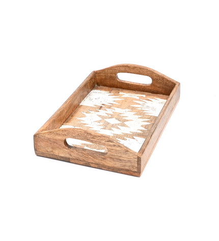 Matterhorn Carved Mango Wood Nesting Tray Set of 3 - Whitewashed Decorative Serving Trays for Home Decor