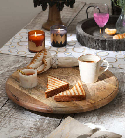 Handcrafted Golden Mandala Wooden Rotating Lazy Susan Serving Tray - Decorative Dining Table Centrepiece