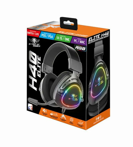 Spirit of Gamer Elite H-40 gaming headset with microphone, black over-ear design for consoles and electronic gaming setups.