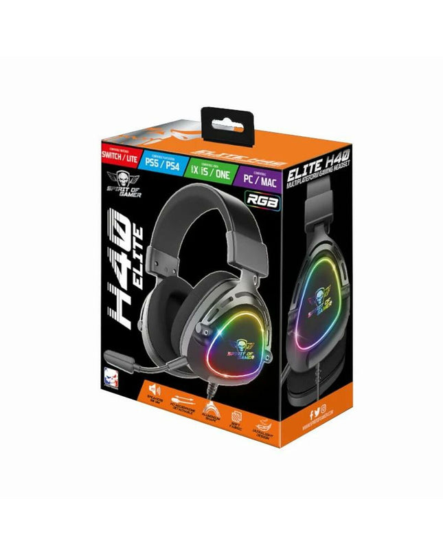 Spirit of Gamer Elite H-40 gaming headset with microphone, black over-ear design for consoles and electronic gaming setups.