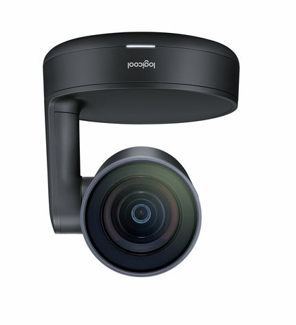 Logitech videoconferencingsysteem with camera, microphone, and control unit for professional video meetings.