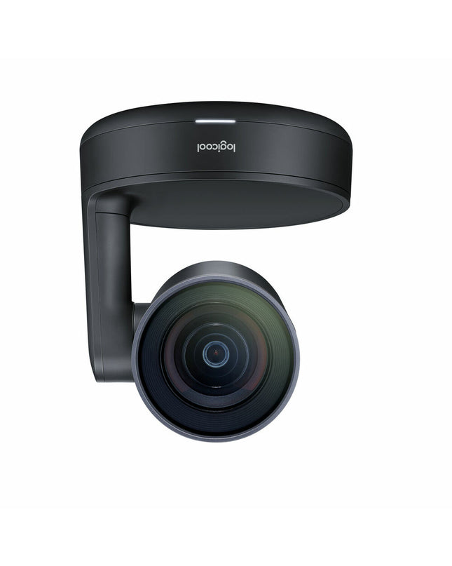 Logitech videoconferencingsysteem with camera, microphone, and control unit for professional video meetings.