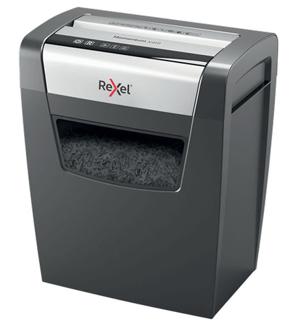Rexel Momentum X410 paper shredder with 23-liter waste bin, office electronics for secure document disposal.